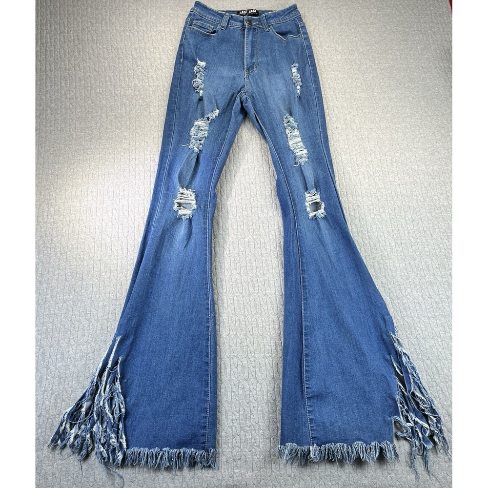 1970s Style Jeans Women 25x33 Blue Distressed Fringed Bell Bottom Flare GP3340-M